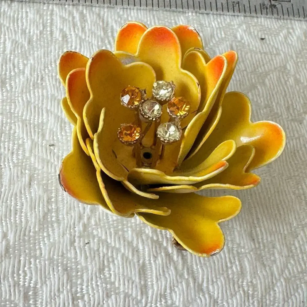 Vintage CORO Flower Brooch Large Yellow & Orange Enamel Metal Rhinestone Pin